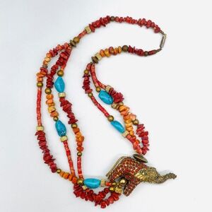 Tibetan Elephant Pendant Multi-Strand Beaded Necklace Red Turquoise